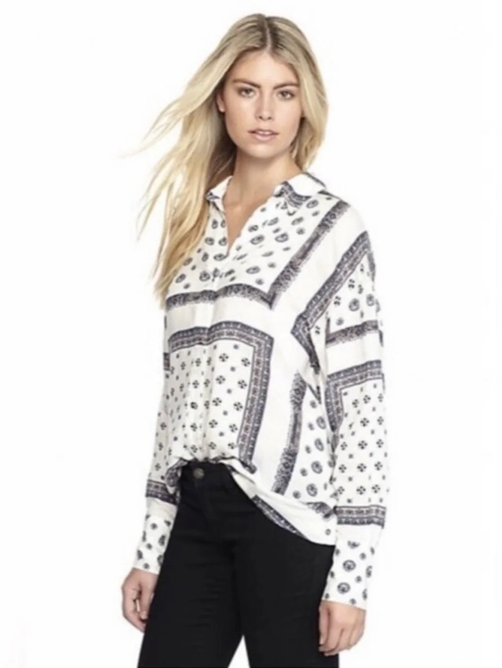 Free People Voile Little Secrets Shirt White Blue Print Button Shirt Size Large